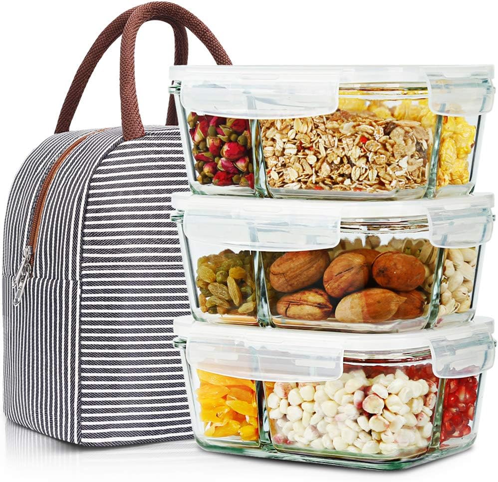3 Pack 33.8oz Bento Box Meal Prep Glass Containers 3 Compartments with