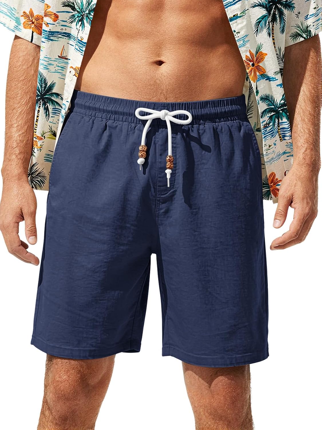 Riskrole Men's Linen Shorts Casual Elastic Waist Drawstring Lightweight Shorts with Pockets Summer Vacation Beach