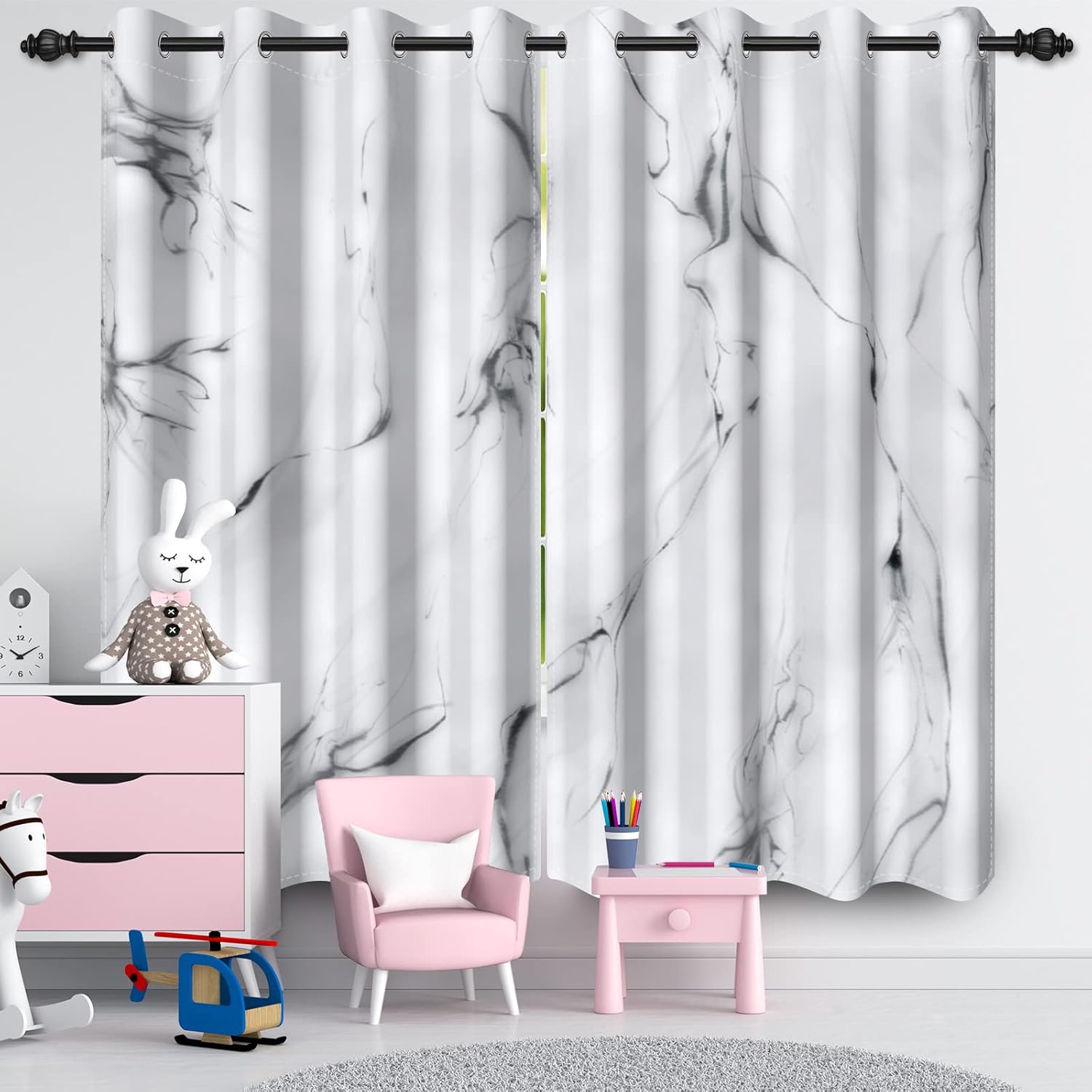 Blackout Curtain Window Drapes Thermal Insulated Marble White Room Darkening Curtains for Living Room Bedroom Window Treatments 2 Panels Set 42x63 inches
