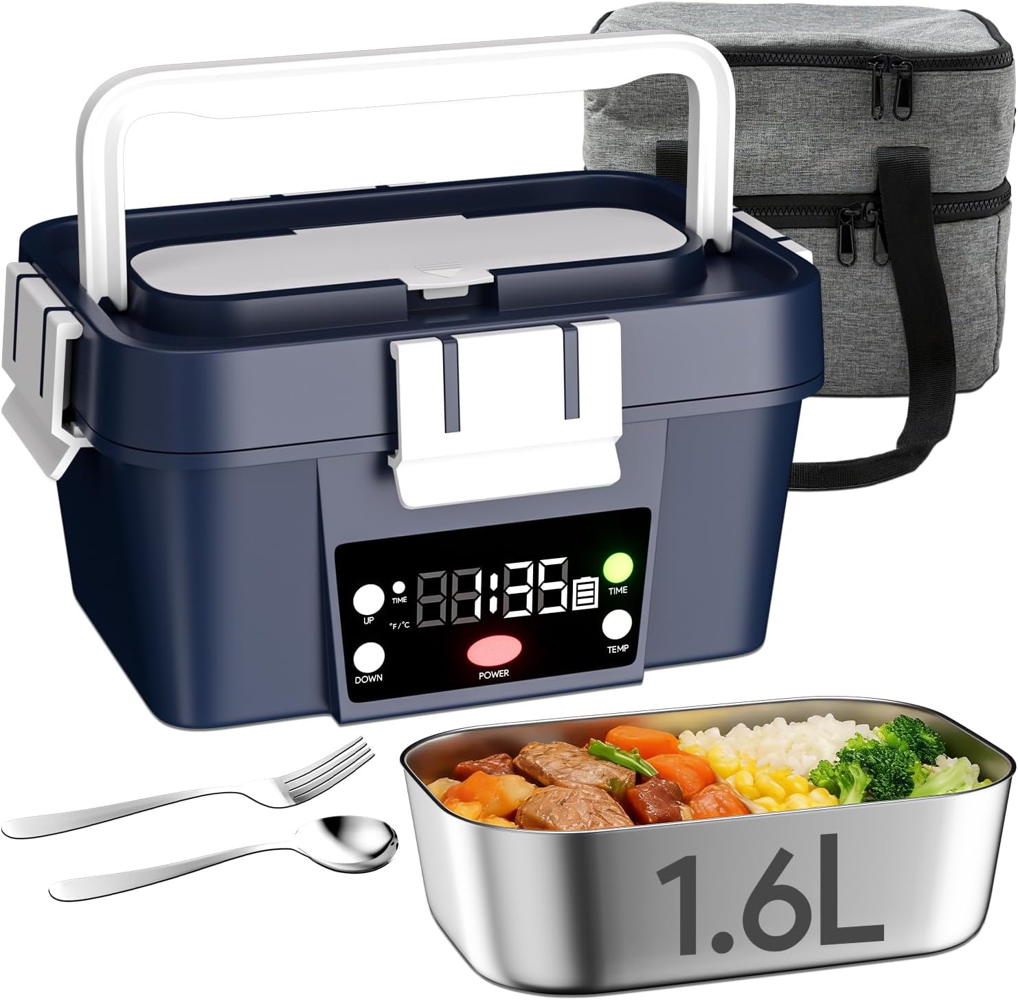 Gorgeous Cordless Electric Lunch Box, Smart Timer Auto Heating Lunch Box with Large Capacity, 16000mAh Rechargeable Food Warmer for Work, Car, Home, Leakproof Bento Container for Adults (Dark Blue)