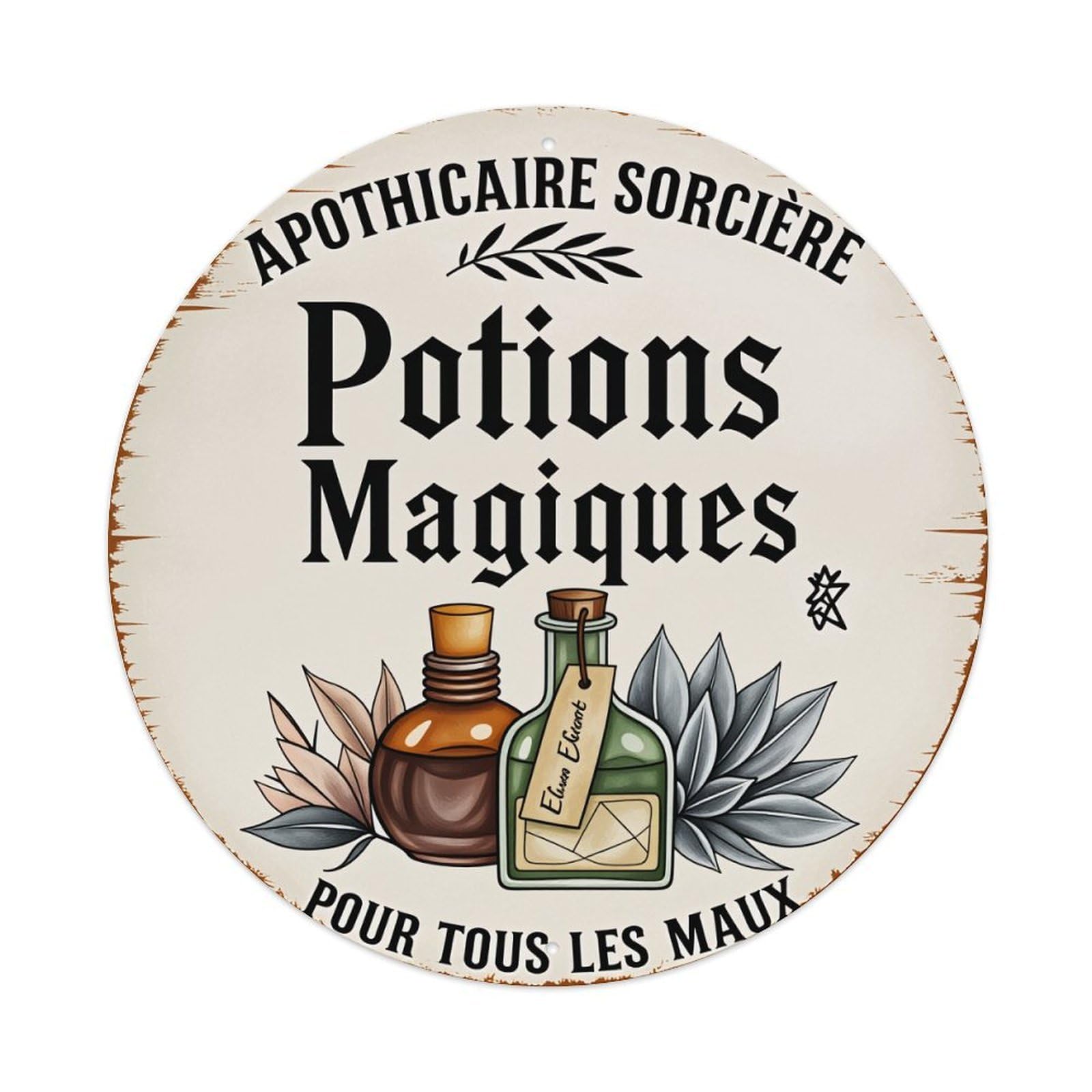 Apothecary Witch Magical Potions for All Ailments Round Tin Sign Vintage Style Metal Sign Home Bar Garden Wall Plaque Decor Metal Poster 8x8 Inch