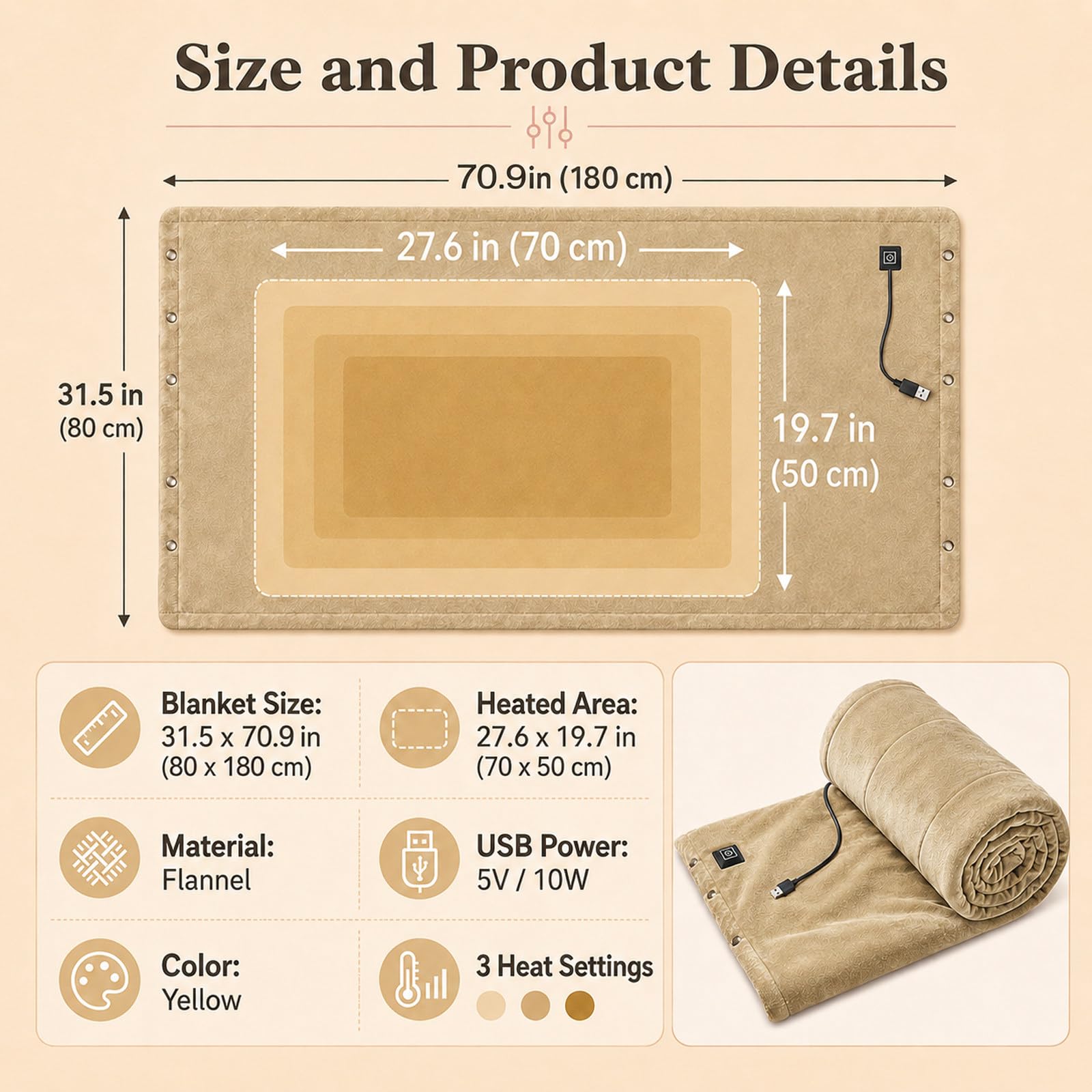 Coperta Riscaldante USB Portatile 10W 1.8m/70.8inYellow