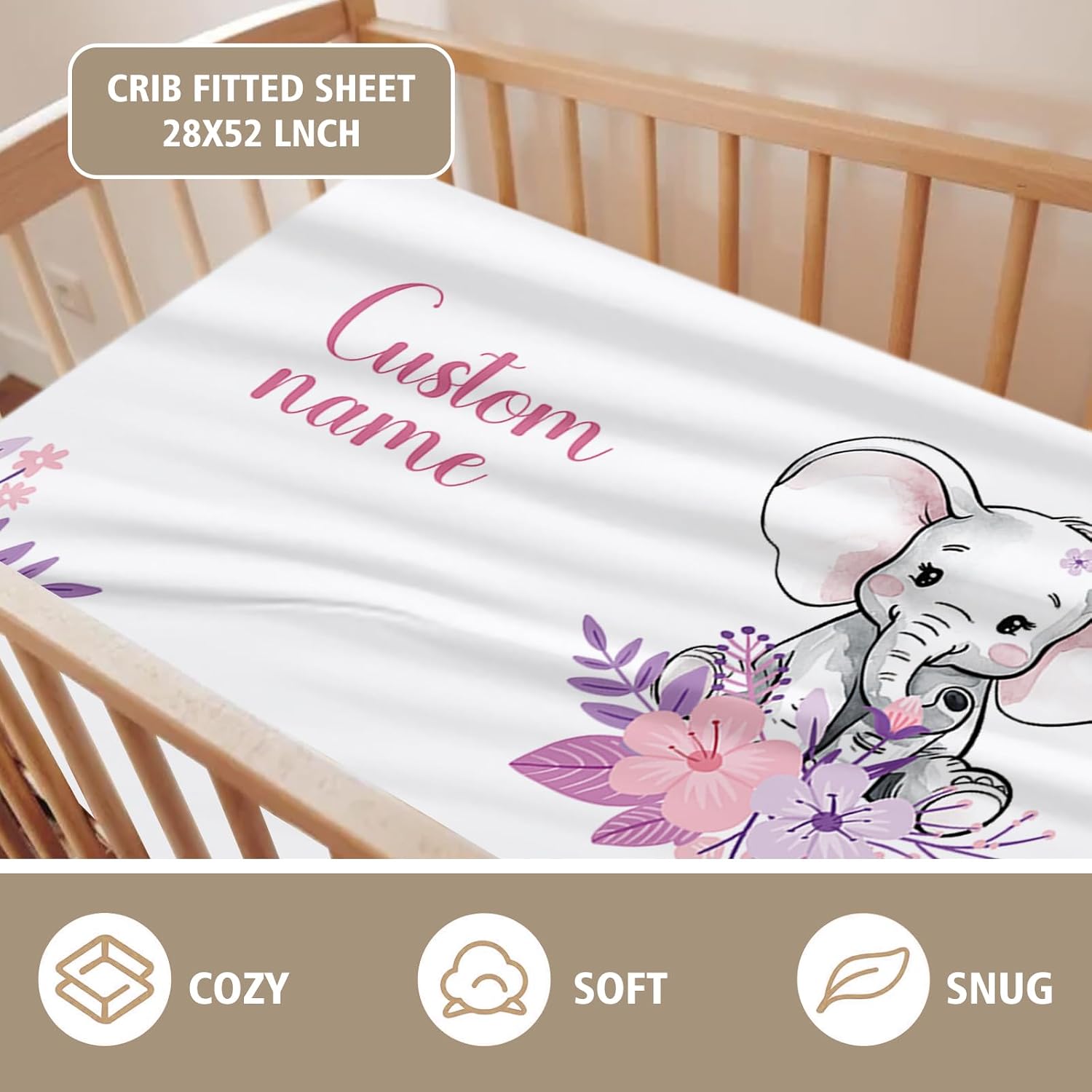 Personalized Crib Bedding Set for Girls, Purple Flower Custom Baby Crib Sets with Name, Elephant Theme Nursery Bedding 2 Piece - Soft Blanket with Double Layer Dotted Backing, Crib Fitted Sheet
