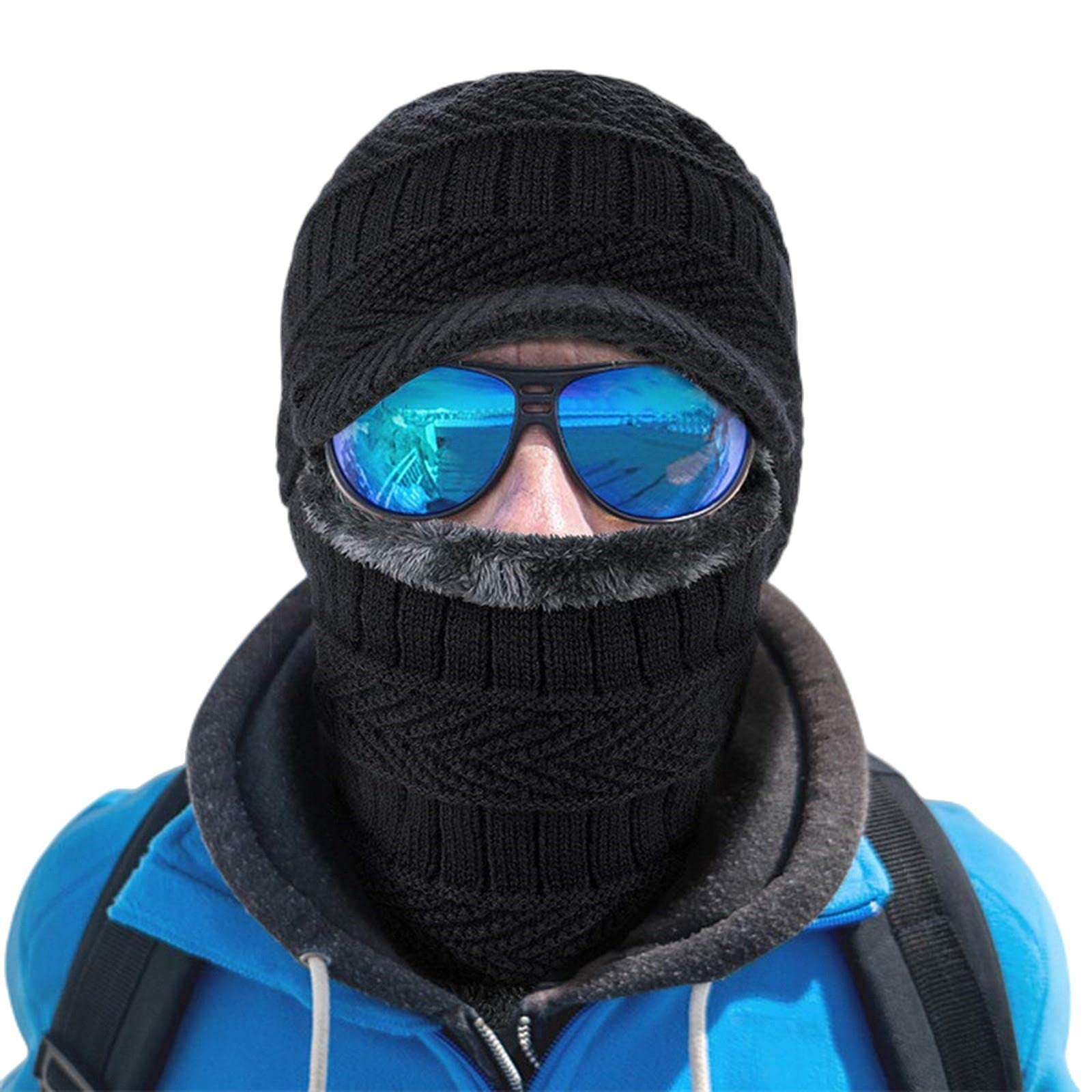 Wintermützen für Herren 3-in-1 Wintermützen Herren Einfarbig Dicke Plüsch Skullies Beanie Mütze Halstuch Einteilige Kappen Schleier Kunstwolle Mütze Strickmütze