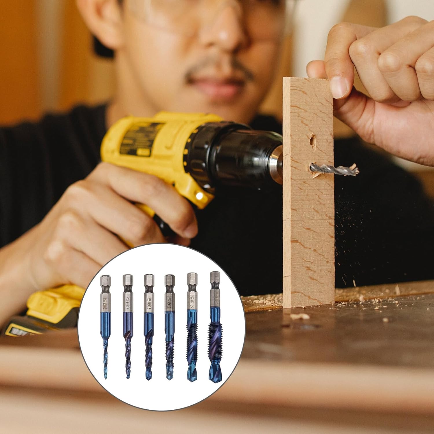 Healeved 6pc M35 Spiral Tap Drill Bit Set with Hex Shank, Blue Coating Metric Thread Tapping Tool, Screw Tap Drill Bits for Industrial and Scientific Use (m3-m10)