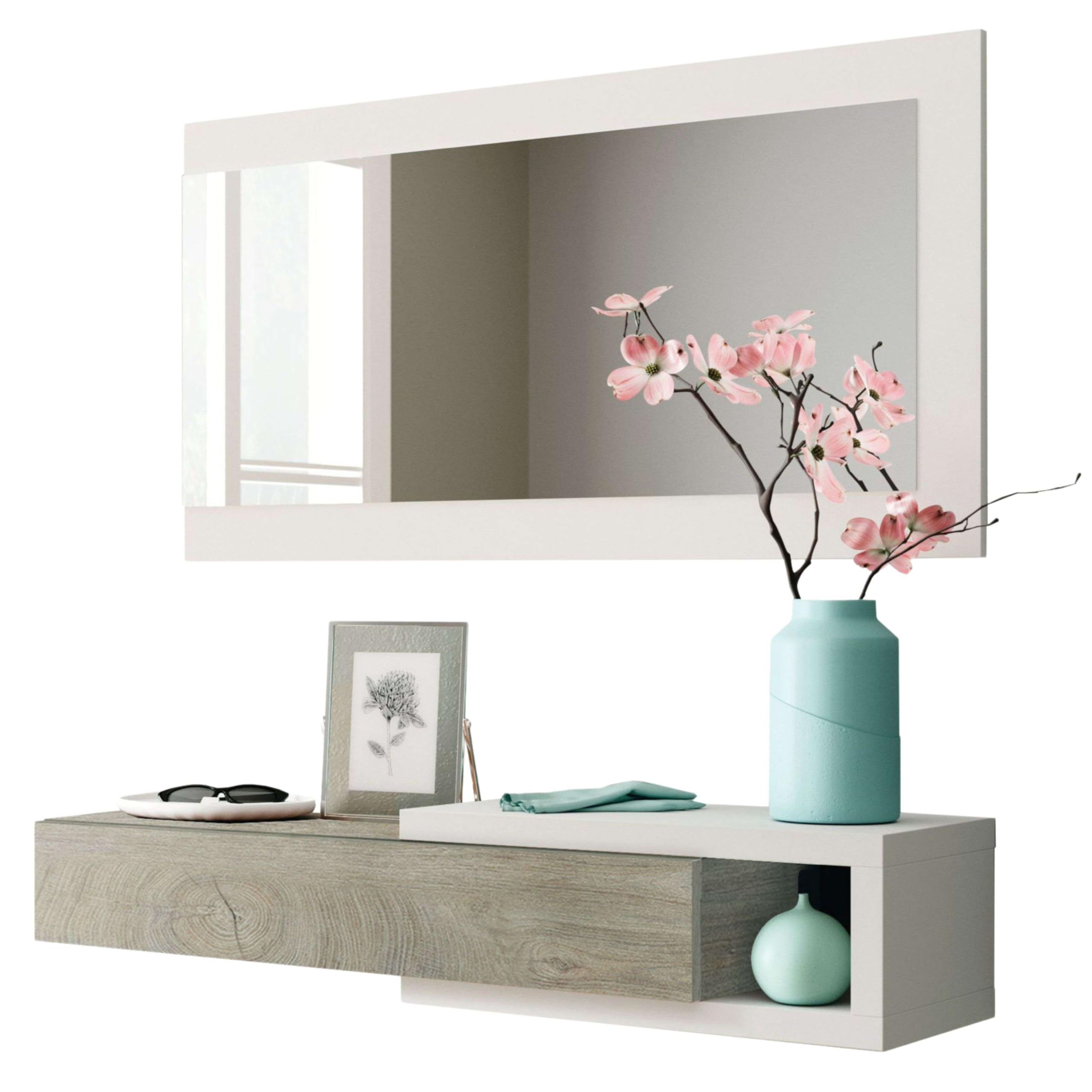 Habitdesign Recibidor con Cajon y Espejo, Mueble de Entrada, Modelo Noon, Acabado en Blanco Artik y Roble Alaska, Medidas: 95 cm (Ancho) x 19 cm (Alto) x 26 cm (Fondo)