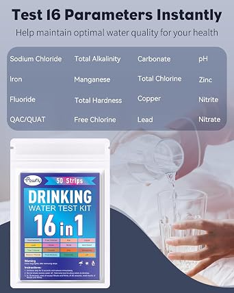 Pawfly 16 in 1 Drinking Water Test Kit, 50 Strips for Tap Water Well Swimming Pool Aquarium Spa, Home Water Quality Test Strips for pH Hardness Chlorine Lead Iron Copper Nitrate Fluoride & More