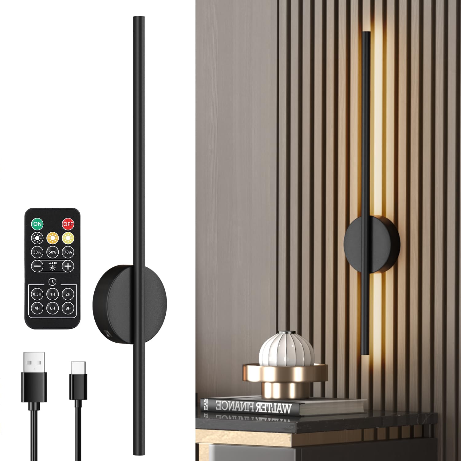 Aipsun Aplique de batería con mando a distancia en el interior, 10000mAh - 60CM de largo negro 5W con funciones de atenuación y temporización, 3000K-6000K, para salón, dormitorio, comedor