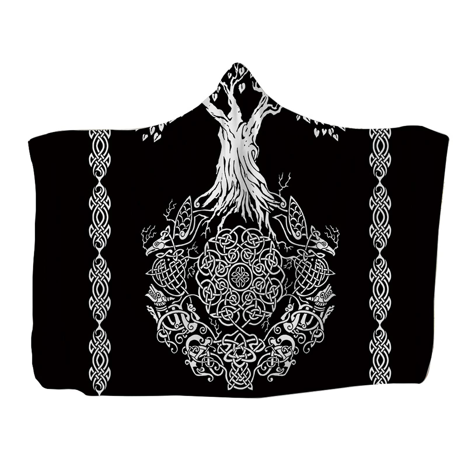 kewing Hooded Throw Blanket Wearable Viking Tattoo Print Flannel Cape Cloak Blanket for Sofa Napping Blankets Childs Adults