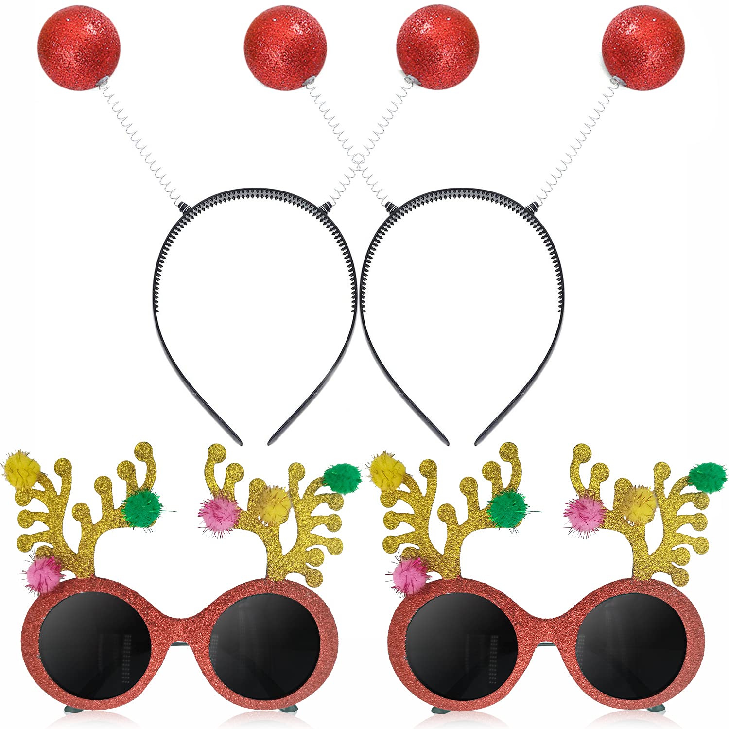 4 Pack Christmas Sunglasses Headbands Props, 2 Pairs Cartoon Reindeer Xmas Tree Eyeglasses Headwear Costume Glasses and for New Year Party Favors Ornaments Gift