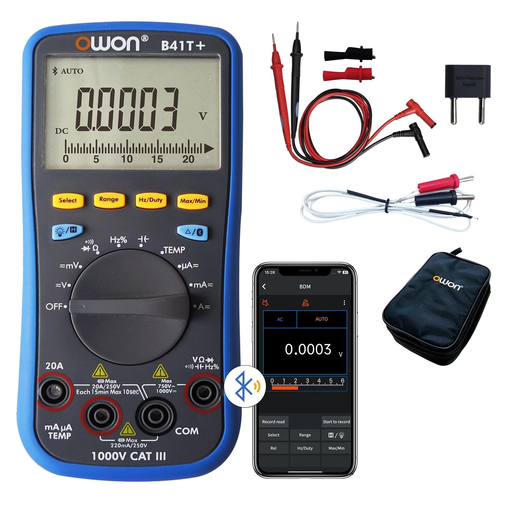 OWON B41T+ Bluetooth Multimetro Digitale Auto-ranging TRMS 22000 Conta Ohmmetro per Tensione AC/DC, Corrente, Resistenza, Continuità, Capacità, Diodi, Misurazione della Temperatura, Voltmetro