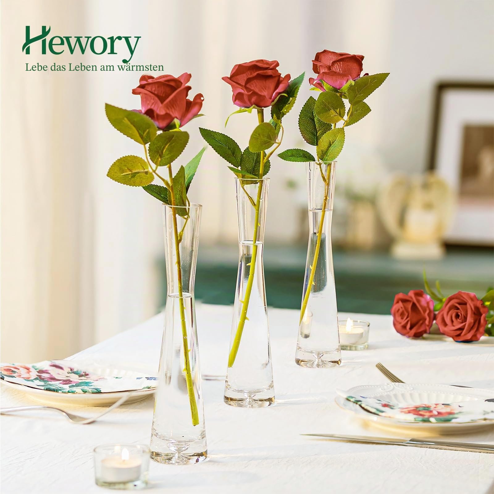 Hewory Kleine Vasen 20cm Vase Schmal Blumenvase 18er Vase für Eine Rose | Klar Glasvase, Kleine Vasen für Tischdeko, Modern Vasen Set für Hochzeitsdeko, Party, Geburtstag, Wedding, Geschenk