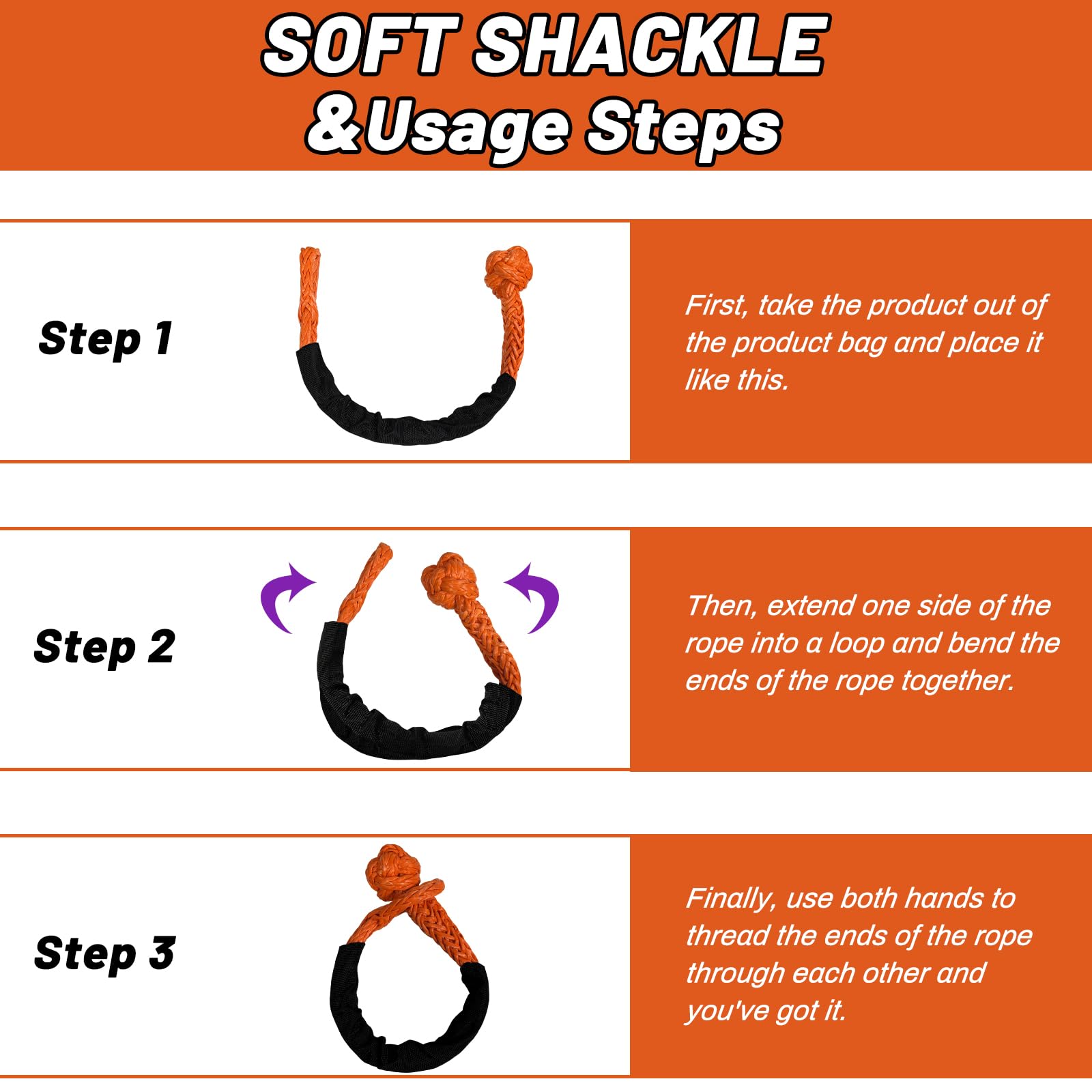 Synthetic Soft Shackles 8mm Shackle Recovery Rope Orange - View #3