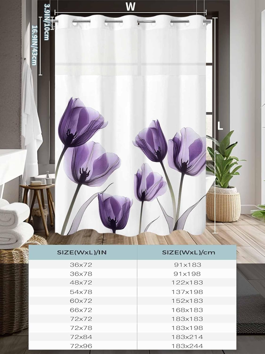 Tulip Purple No Hook Shower Curtains with Detachable Snap-in Liner Set, Waterproof Hotel Style Bathroom Shower Curtain, Spring Floral Elegant Botanical Mesh Top Window Bath Curtains 72''x78''