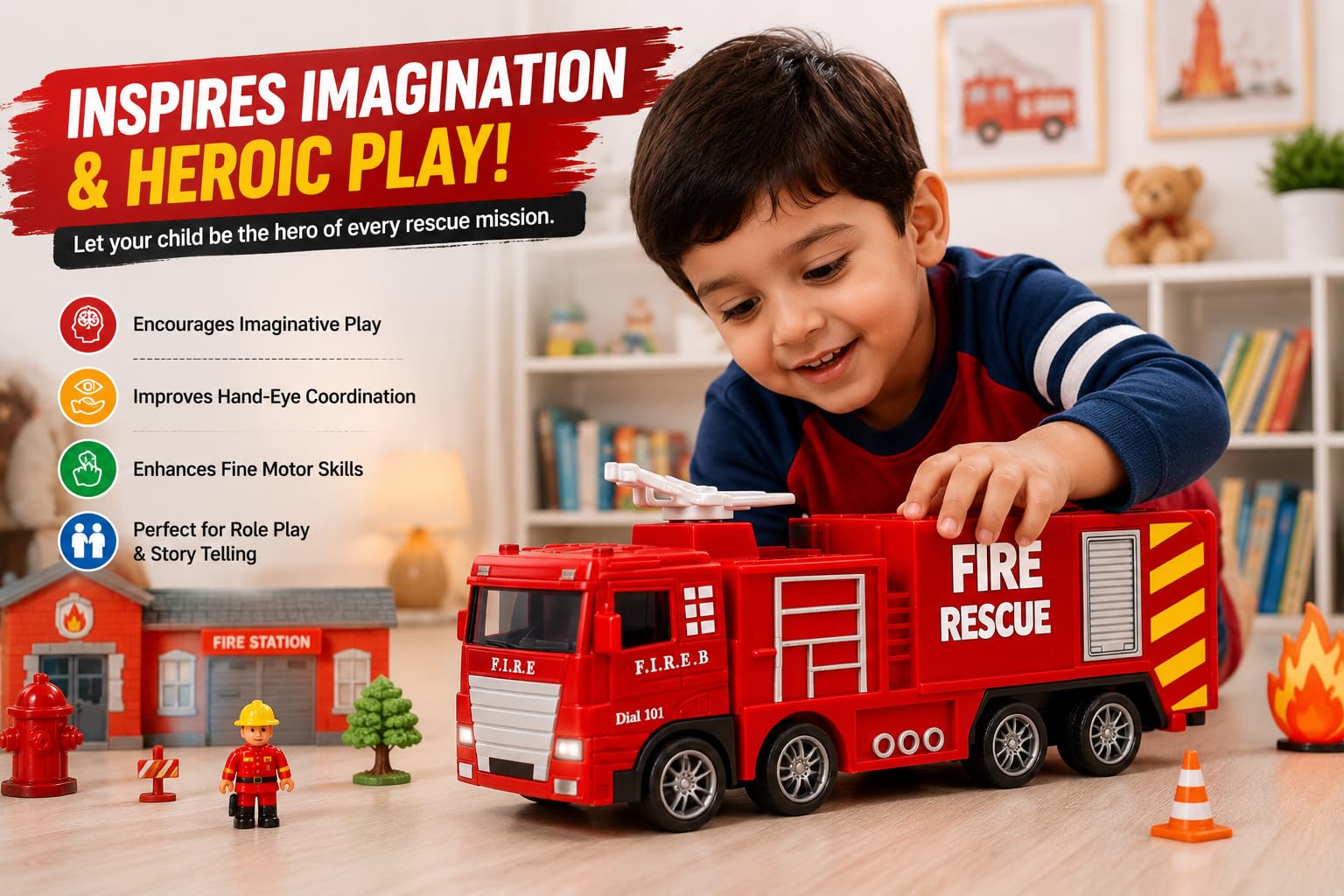 Mini Fire Rescue Truck Toy - Pull Back Fire Engine -6