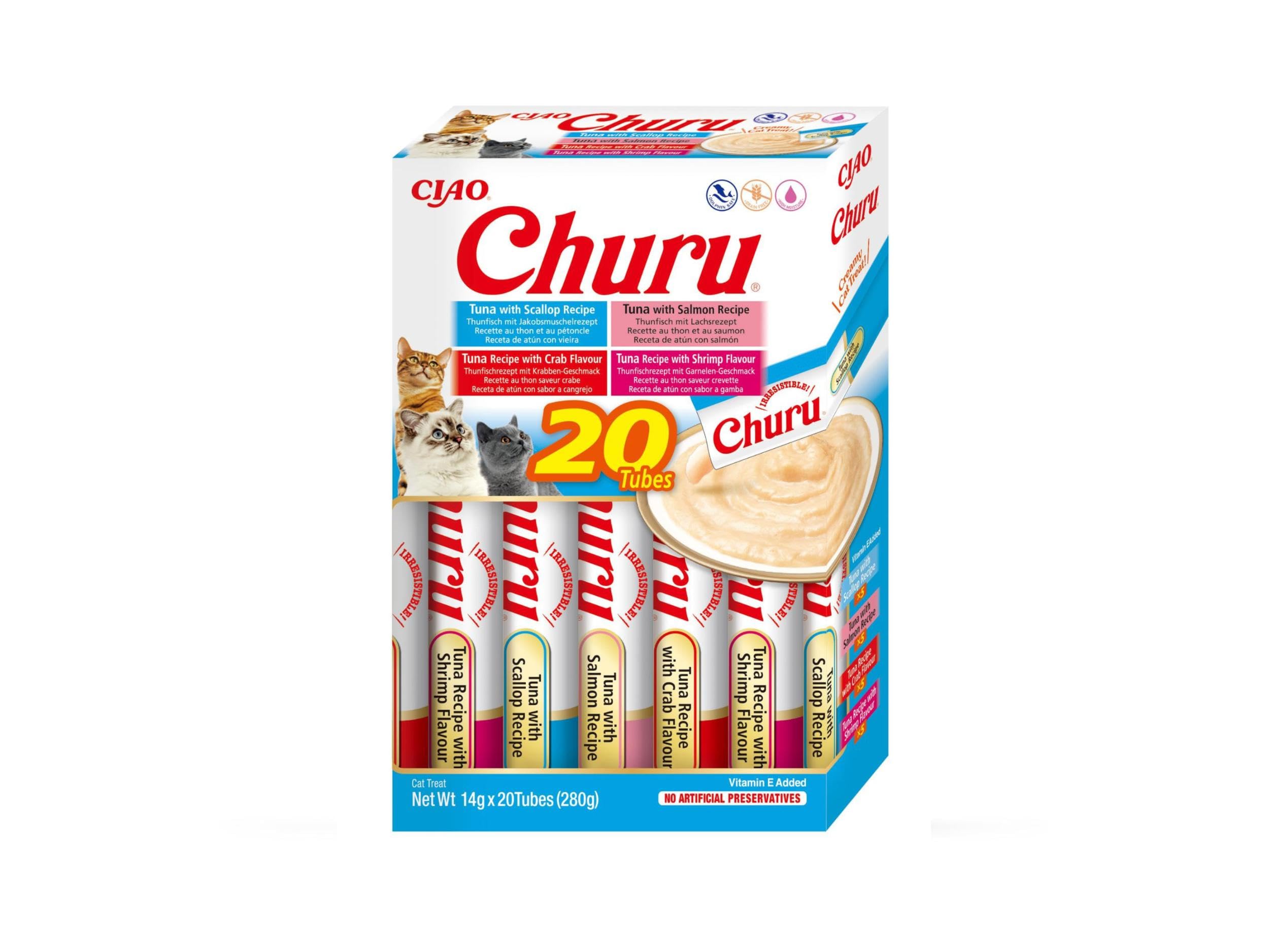 INABA Churu Gatos - 4 Recetas de Snacks Saludables a Base de Atún - Deliciosos Premios con Textura Suave y Cremosa - Natural, Sin Cereales, Sin Conservantes, Sin Colorantes - 280g (20x14g)