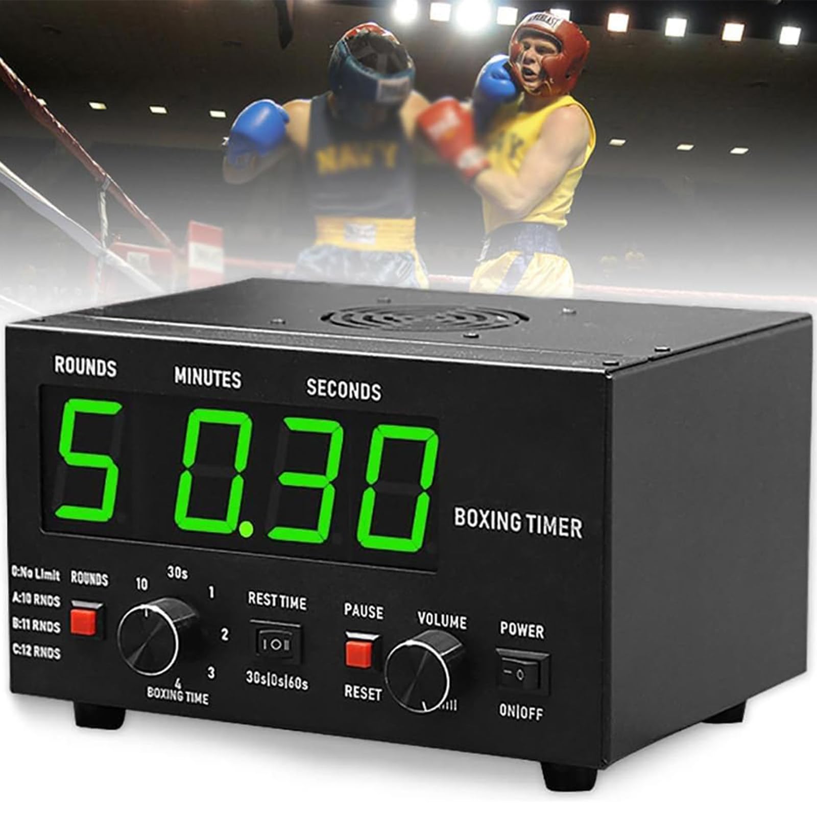 Timer da boxe, timer professionale a intervalli da palestra con cicalino regolabile, 1-12 giri di sfida, tempo di riposo 30-10 minuti, ripetizioni del ciclo per MMA e kickboxing
