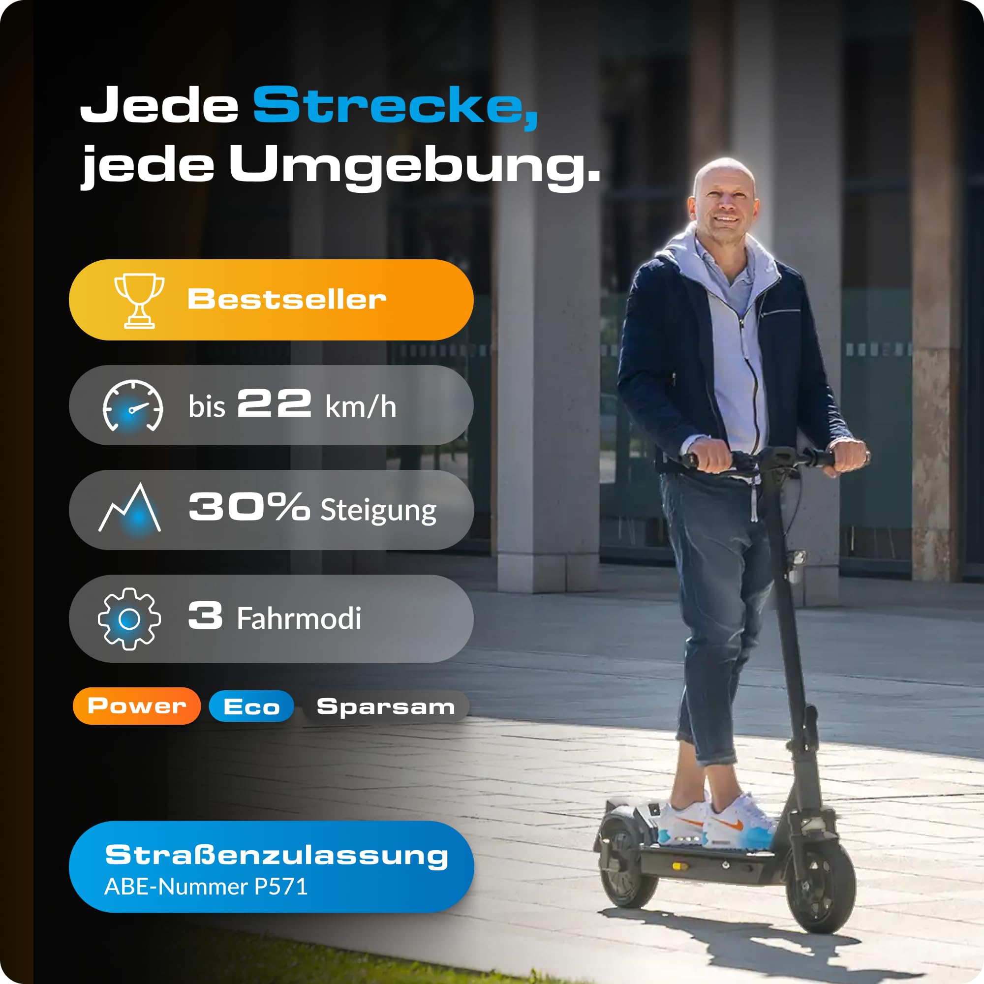 ePowerFun ePF-2 PRO 653W | E-Scooter Straßenzulassung | 80km Reichweite | 45 km Reichweite, 1200 W Peak, 500 W Heckantrieb, 9 Zoll Luftreifen, Blinker vorn + hinten, App-Wegfahrsperre, IP65