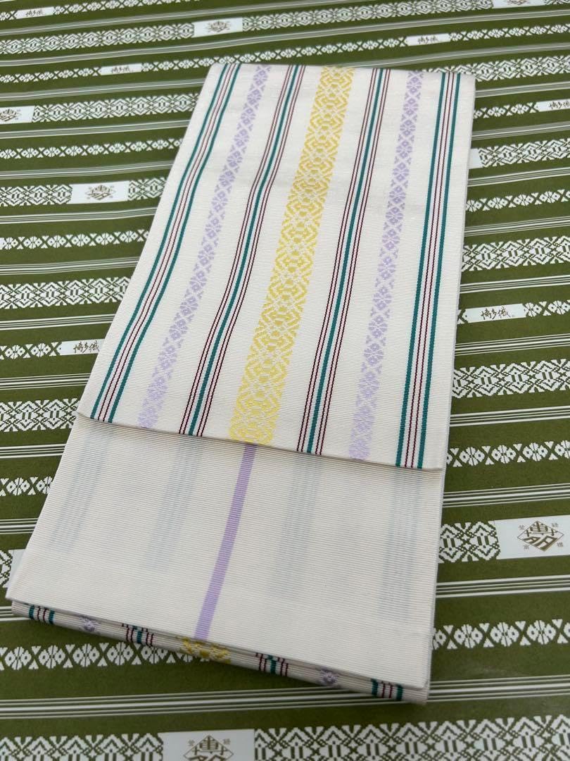 半幅帯 小袋帯 正絹 帯 博多織 浴衣 着物 献上柄 白地 半幅帯 正絹 博多織