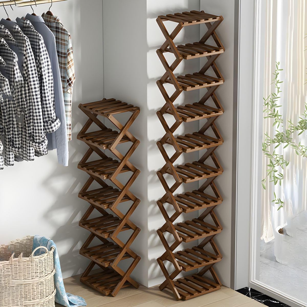 CraftThink Foldable Shoe Rack, Bamboo Modern Folding Shoe Storage Rack Free Standing Shoe Shelf Organizer for Corridors Entryway Corner and Small Spaces (Tan, 9-Tier |10" L x 10" W x 63" H|)