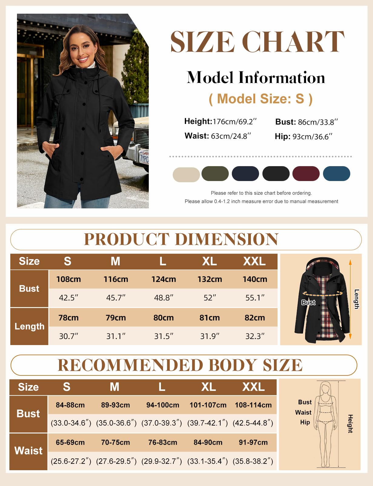Veste Imperméable Femme Longue Manteau de Pluie à Capuche Doublure Coupe-Vent Longue Vêtements Imperméables Léger Parka Poncho Trench Coat pour Camping Extérieur