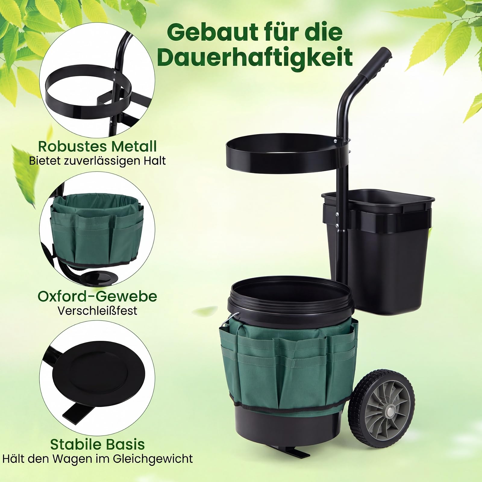 COSTWAY Gartenwagen, Werkzeugtrolley mit 10 + 20 L Eimer, Tasche aus Oxford-Gewebe, Werkzeugwagen mit Gerätehalter, Transportwagen für Gartenwerkzeug, Stahl, für Garten Keller