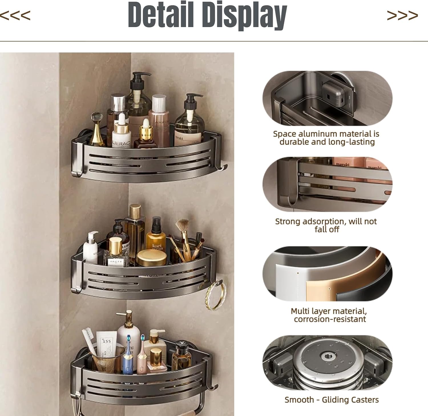 3Pcs Corner Shower Shelf Caddy Suction Cup, No Drill Hole with Towel Bar and Hook, Gray Bathroom Storage Rack, Zero Drill Triangle Shelves, Store Toiletries and Bath Towel for Bathroom Kitchen RV