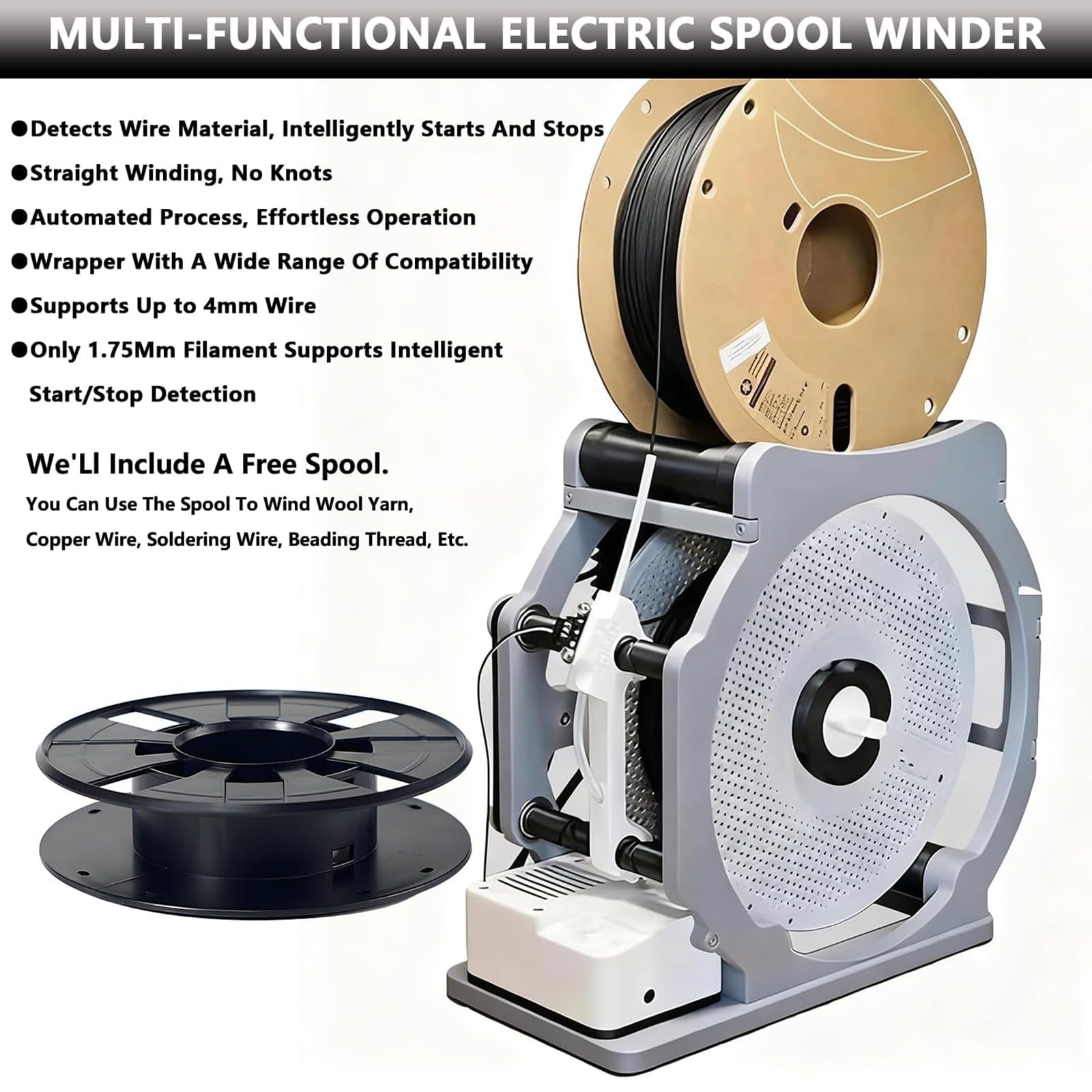 Bobina eléctrica para filamento 3D, función inteligente de arranque/parada, bobinado limpio sin enredos, alambre universal y bobinador de alambre de soldadura para bobinas de 1 kg