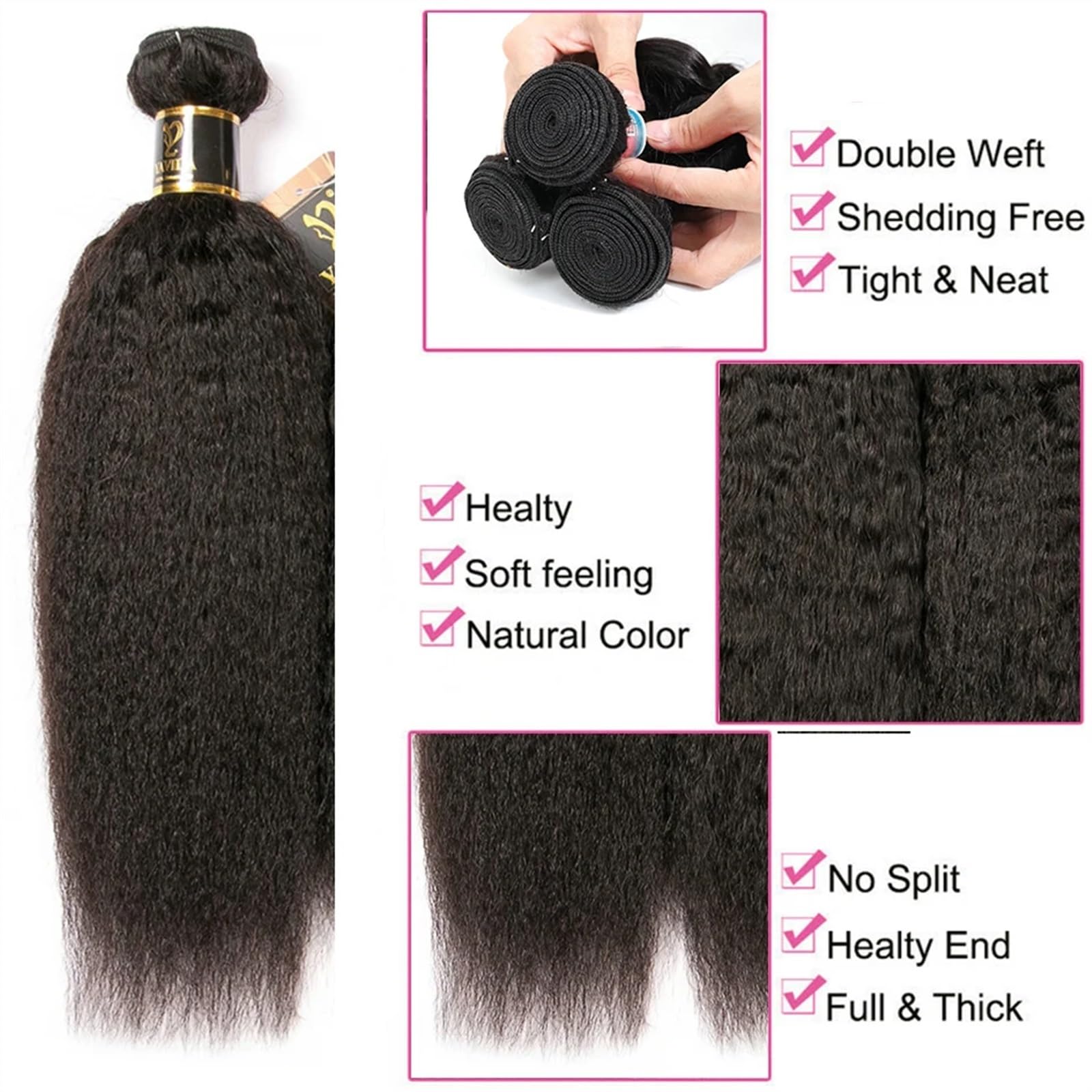 Bundle Hair Mechones brasileños de cabello humano liso Yaki 8a, no Remy, rizado, 3 mechones, gruesos Color Natural Extensiones de peinado(10 12 14 (3 pcs))