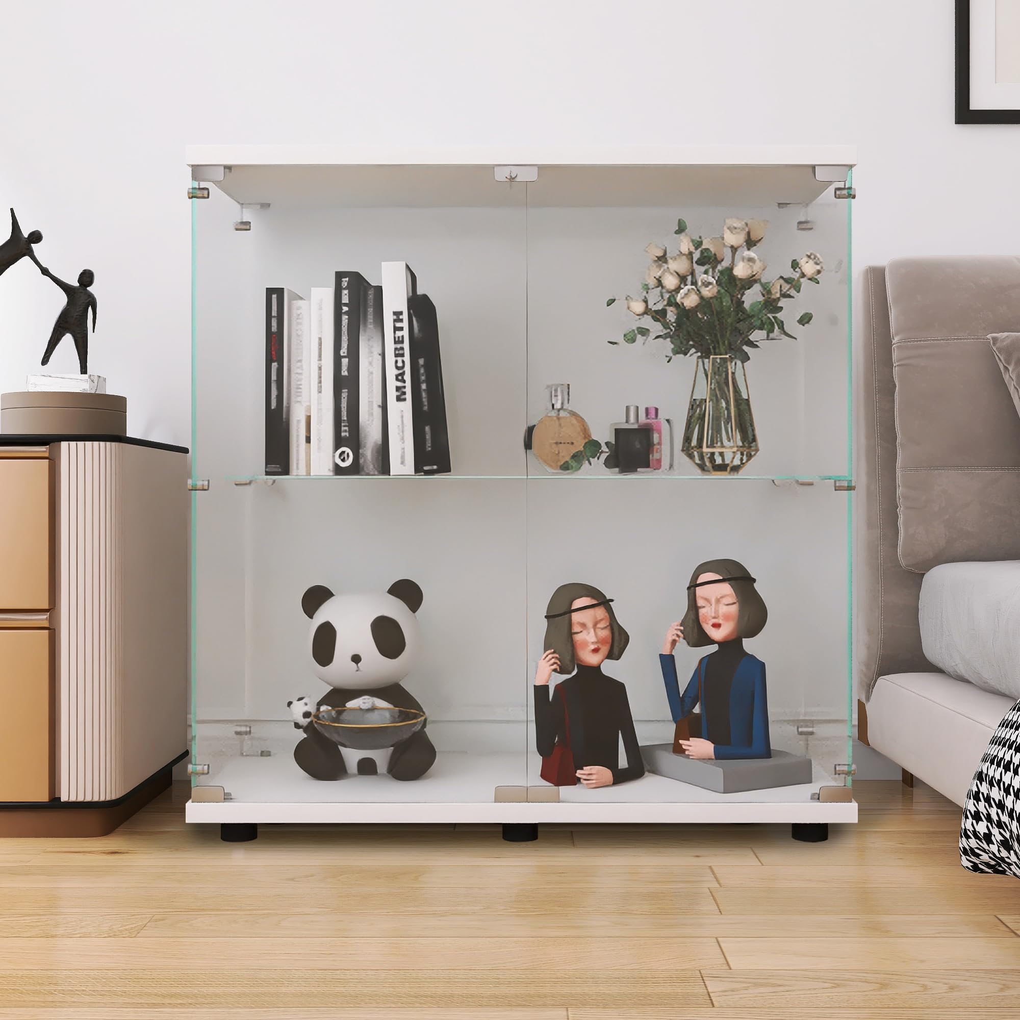 LFT HUIMEI2Y Glass Display Cabinet 2-Shelf with Double Door, Curio Cabinets Fast Installation in 30 Mins, Tempered Glass Floor Standing Bookshelf for Bedroom, Living Room 32.8”x 31.7”x 14.4” White