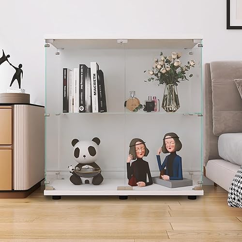 LFT HUIMEI2Y Vitrina de cristal con 2 estantes con puerta y cerradura, gabinetes Curio, vitrina de vidrio templado de 0.197 in, estantería de pie
