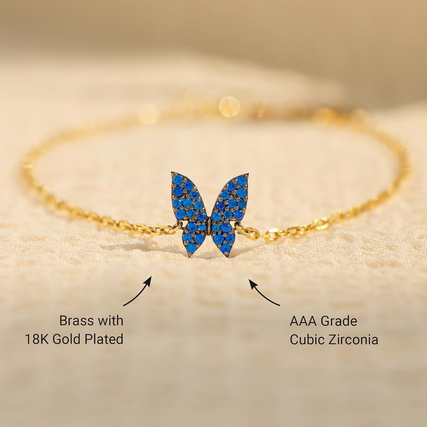 STORYJEWELLERY Butterfly Bracelet, 18K Gold Plated Bracelets for Women, Dainty Charm Bracelet Adorned with Blue Cubic Zirconia, Perfect Gifts for Graduation, Birthday, Anniversary - Image 3