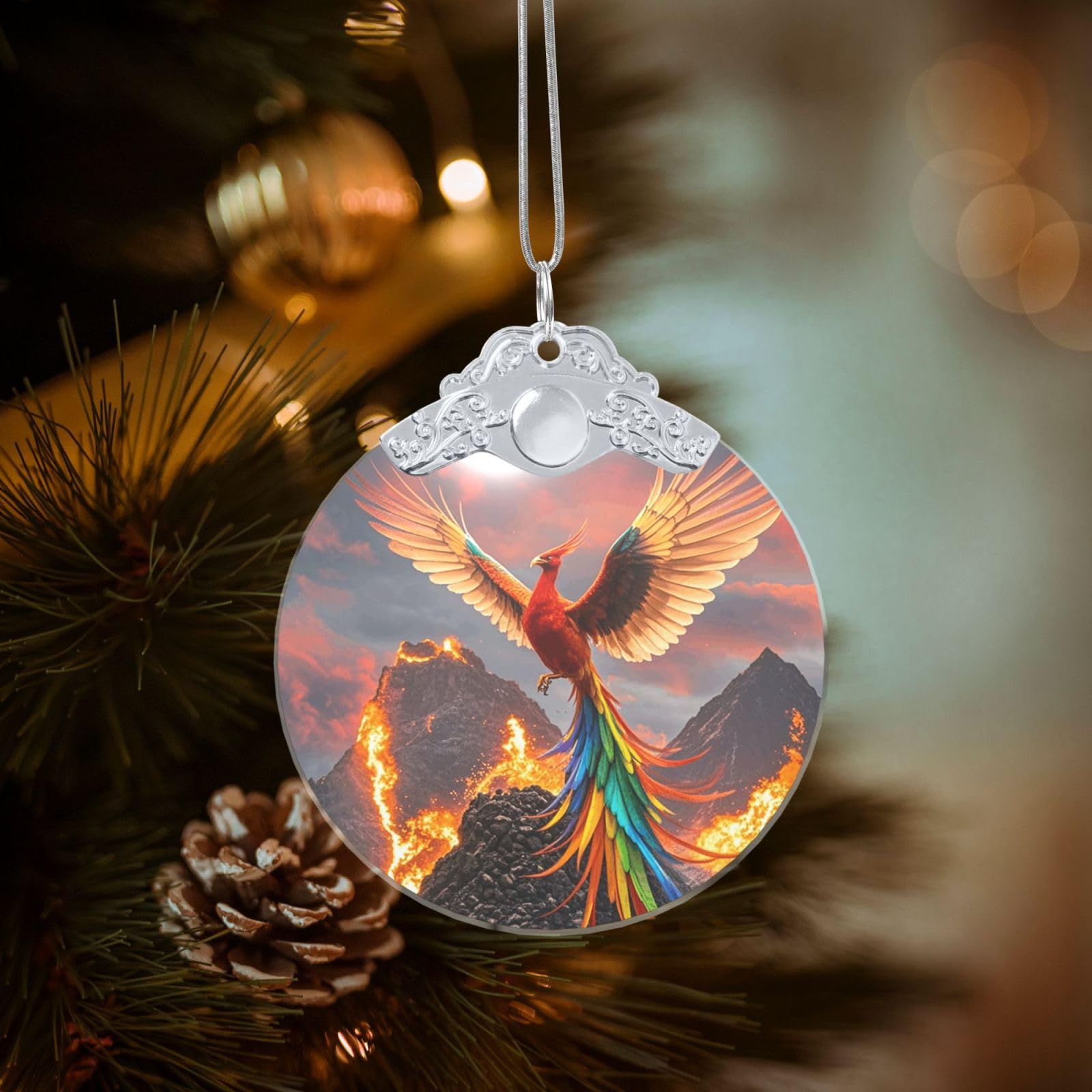 Crystal Christmas Ornaments for Christmas Tree Decoration Hanging Phoenix and Fire Ornament with Gold Ribbon Crafts Round Pendant for Keepsake Gifts Glass Xmas Decor Party Supplies