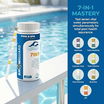 BROMIGUARD 7 Way Pool Test Strips | 7-in-1 Spa Test Strips Quick & Accurate Water Testing Kit for Chlorine, pH, Alkalinity, Hardness & Cyanuric Acid | 150 Strips