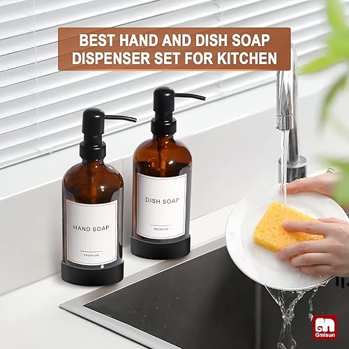 Miniatura 56 de GMISUN Dispensador de jabón de vidrio ámbar, paquete de 2 dispensadores de jabón de manos de baño con bomba de bambú, juego de dispensador de jabón