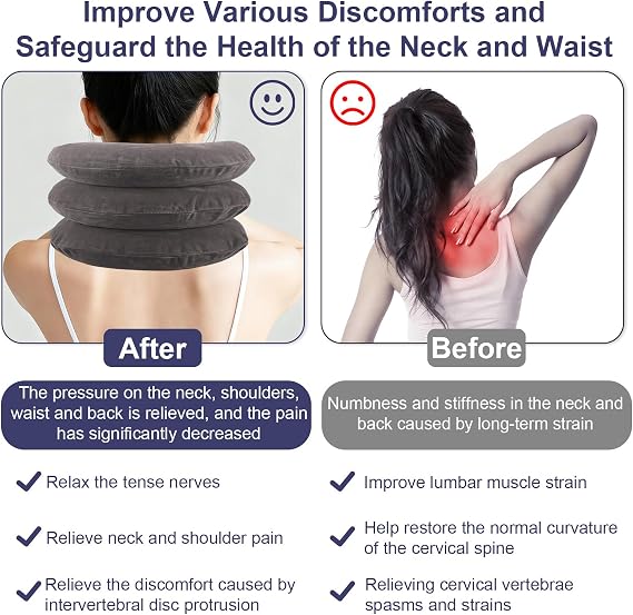 1PC Neck Stretcher Cervical Traction Device for Neck Shoulder Pain Relief | Grey，adjustable air pump, ergonomic spine decompression, portable soft washable fabric for home travel relief