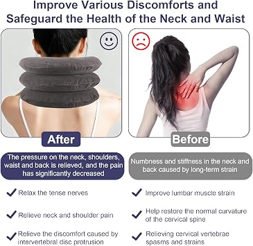 1PC Neck Stretcher Cervical Traction Device for Neck Shoulder Pain Relief | Grey,adjustable air pump, ergonomic spine decompression, portable soft washable fabric for home travel relief