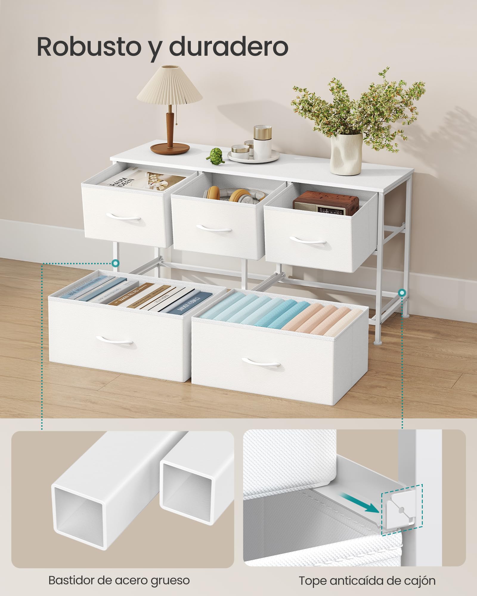 SONGMICS BELLAH Colección - Cómoda, con 5 Cajones para Dormitorio, Mueble de Almacenaje, Acero, MDF, Tela no Tejida, para Dormitorio, Armario, Recibidor y Salón, Blanco Nube y Blanco Nieve LGS322WH01