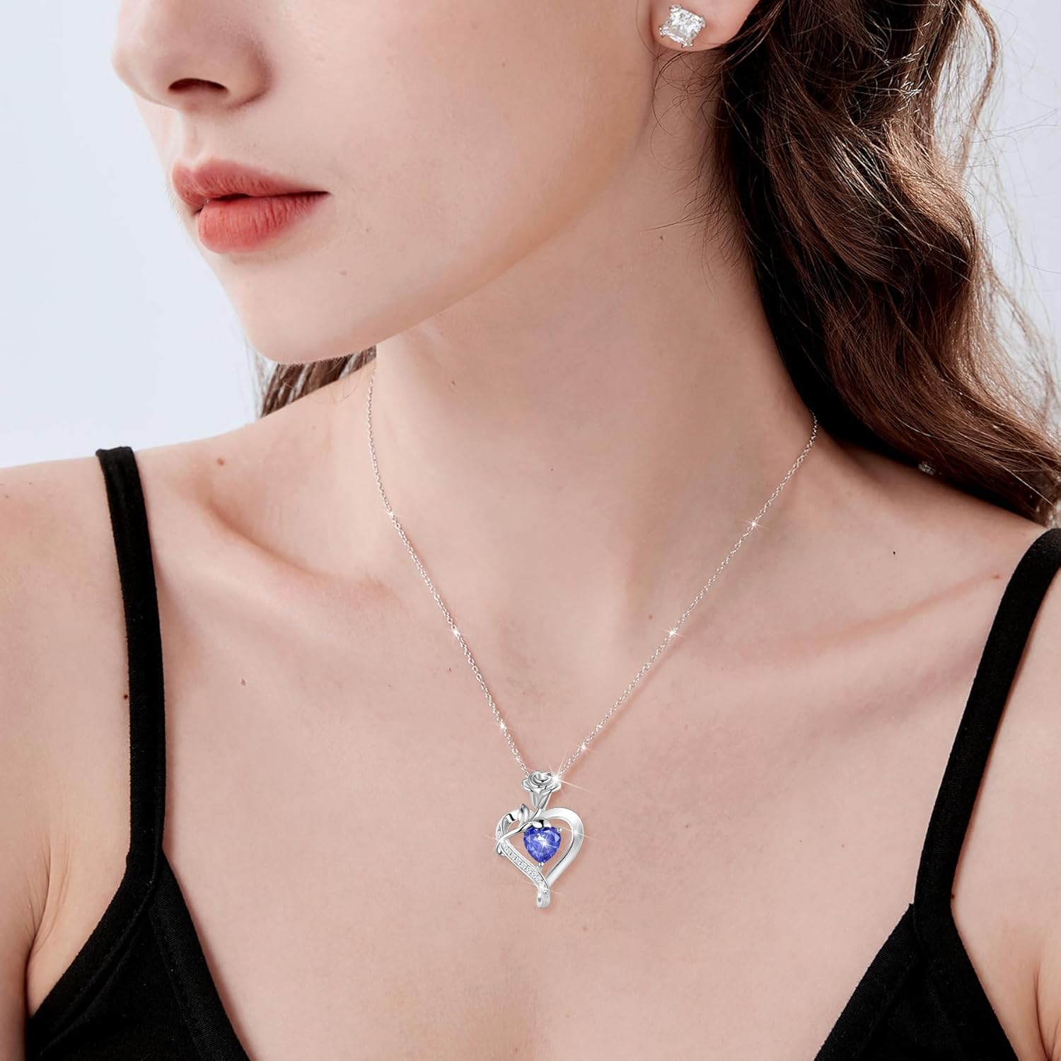 S925 Sterling Silver Rose Flower Dainty Birthstone Heart Necklaces Gifts for Women Jewelry Anniversary Valentines Day Birthday Gifts for Wife Girlfriend Mom