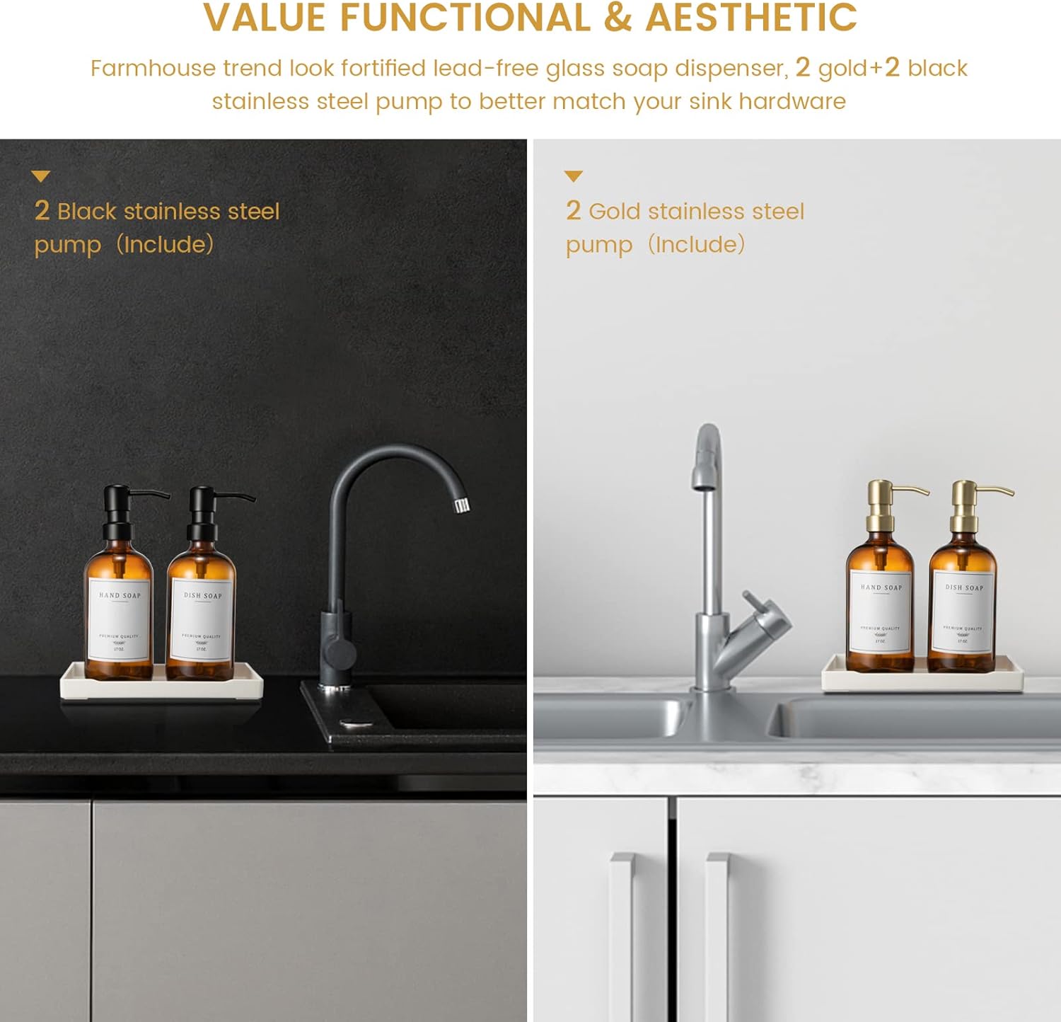 Glass Soap Dispenser for Kitchen, Farmhouse Dish & Hand Soap Dispenser Set, Rustproof Pump Bathroom Soap Lotion Dispenser with Tray, Waterproof Label for Kitchen Decor(Amber - Image 2