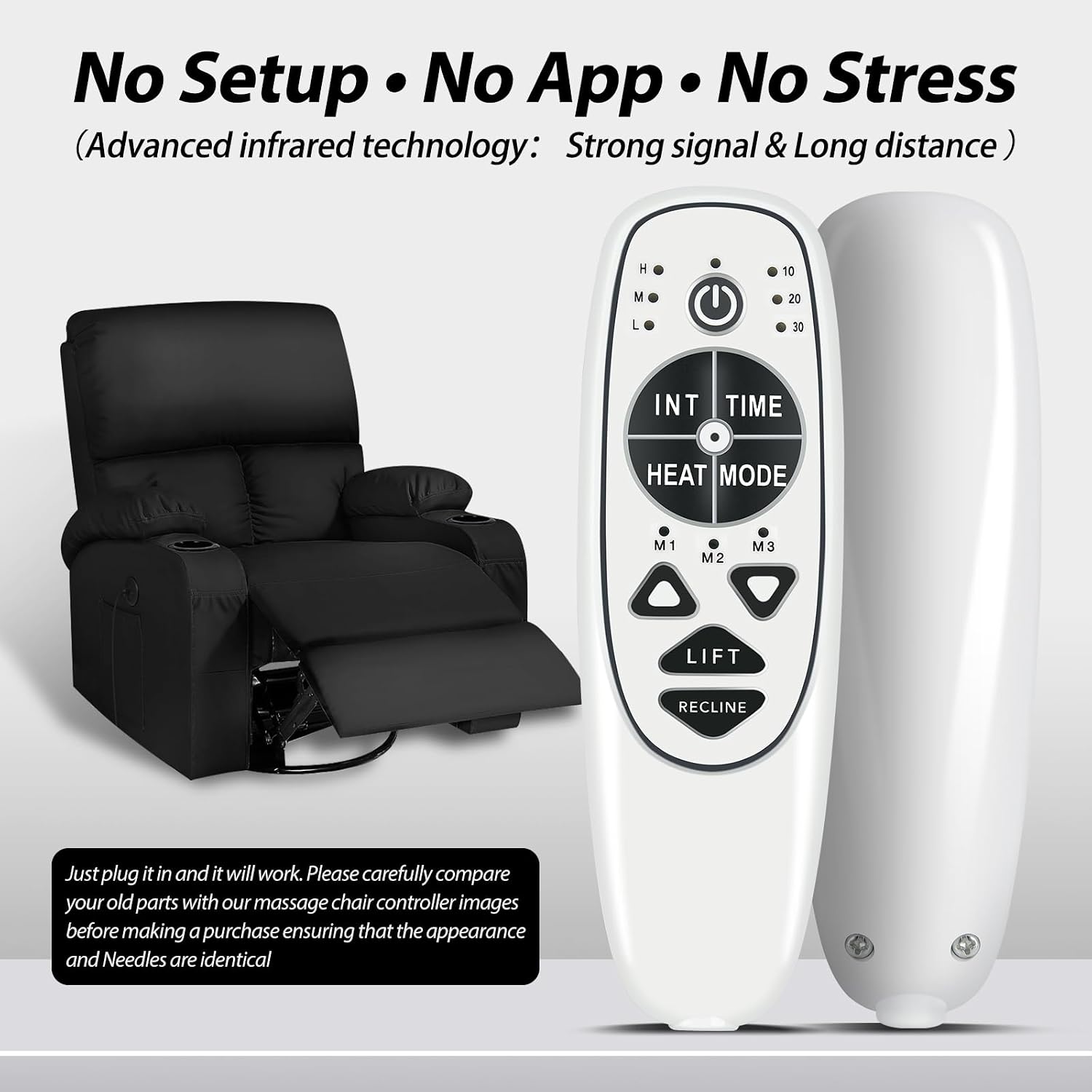 New 5 Pin Female Plug DN-34A 9 Button Recliner Remote Controller for Heat Vibration & Up/Down, 3 Vibration Mode & 3 Massage Time Option with 1 USB Charging Port Circuit Board Inside Code DN-34A