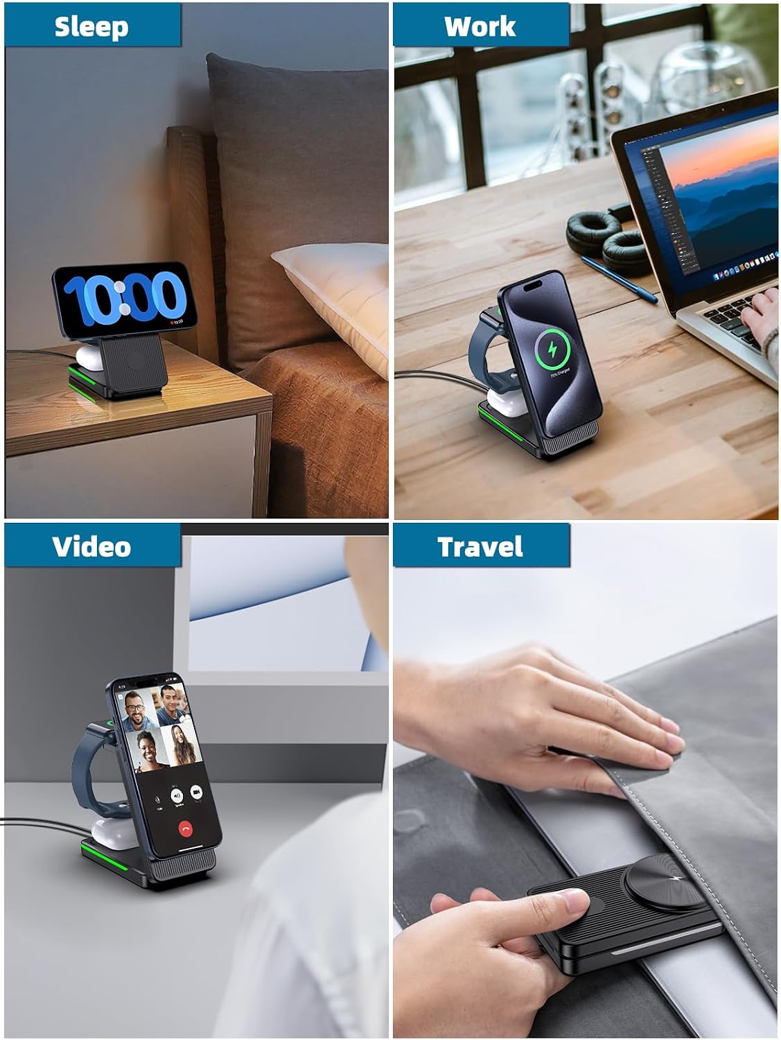 Wireless Charging Station for Apple, 3 in 1 Mag-Safe Charger Stand for iPhone 16 Pro Max/15/14/13/12, Foldable Mag-Safe Nightstand Charger for Air Pods, iWatch (Black)