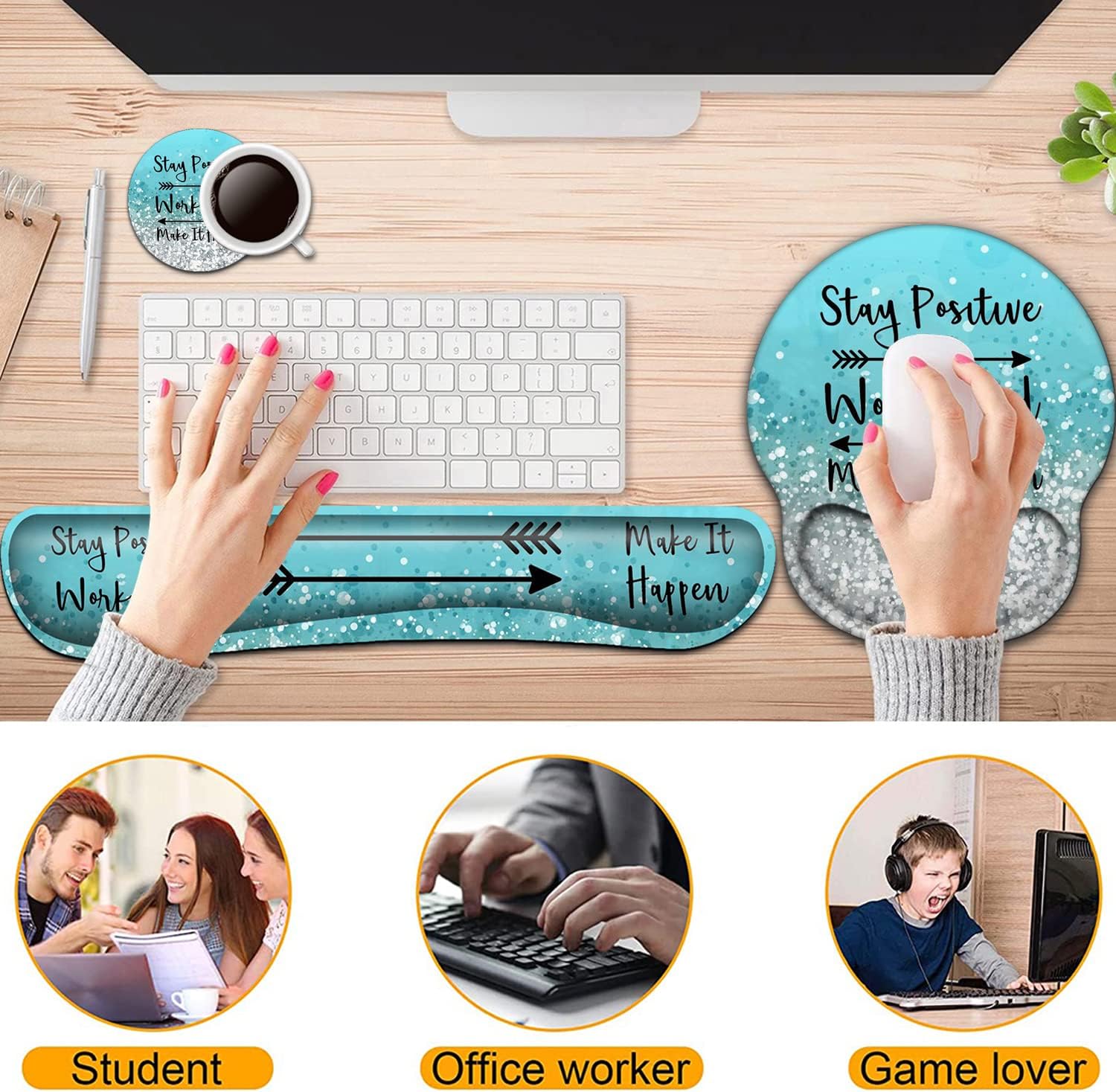 Keyboard Wrist Rest and Mouse Pad with Wrist Support, Ergonomic Mouse Pad Coaster,Easy Typing Pain Relief,Keyboard Mousepad Set,Stay Positive Work Hard and Make It Happen Blue Glitter