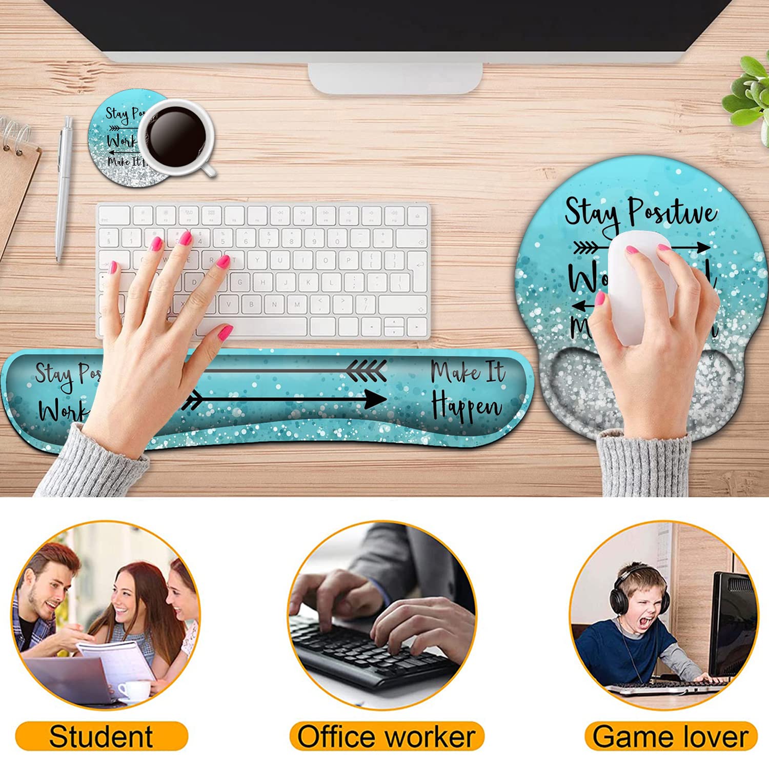 Poggiapolsi per tastiera e tappetino per mouse con supporto per il polso, tappetino per mouse ergonomico, facile da digitare, sollievo dal dolore, set di tappetini per tastiera, per rimanere positivi