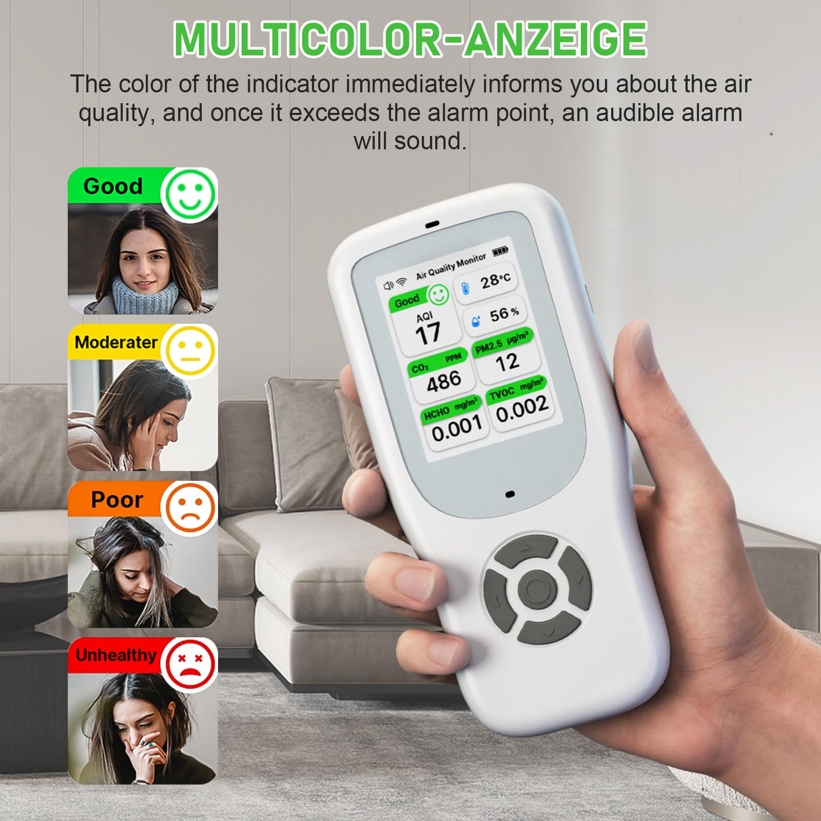 10 IN 1 Luftqualität Messgerät Melder, NDIR WiFi Luftqualitätsmonitor mit AQI/CO2/PM1.0/PM2.5/PM10/HCHO/TVOC, Temperatur & Luftfeuchtigkeit, Tragbar Formaldehyd-Detektor mit Smart APP für Haus Büro
