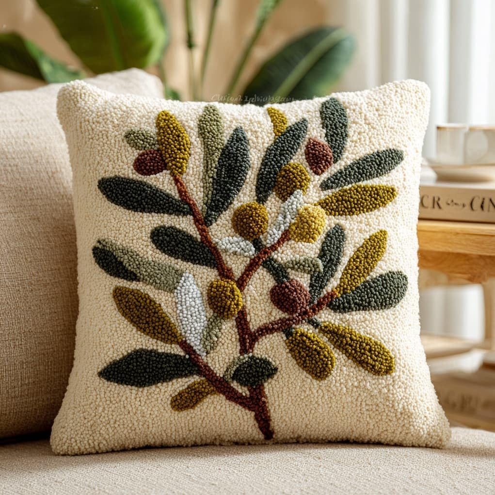 WallustrioaW Latch Hook Cushion Kits,Simple Branches,Latch Hook Pillow Case Kits Embroidery Carpet Set DIY Needlework,17x17in