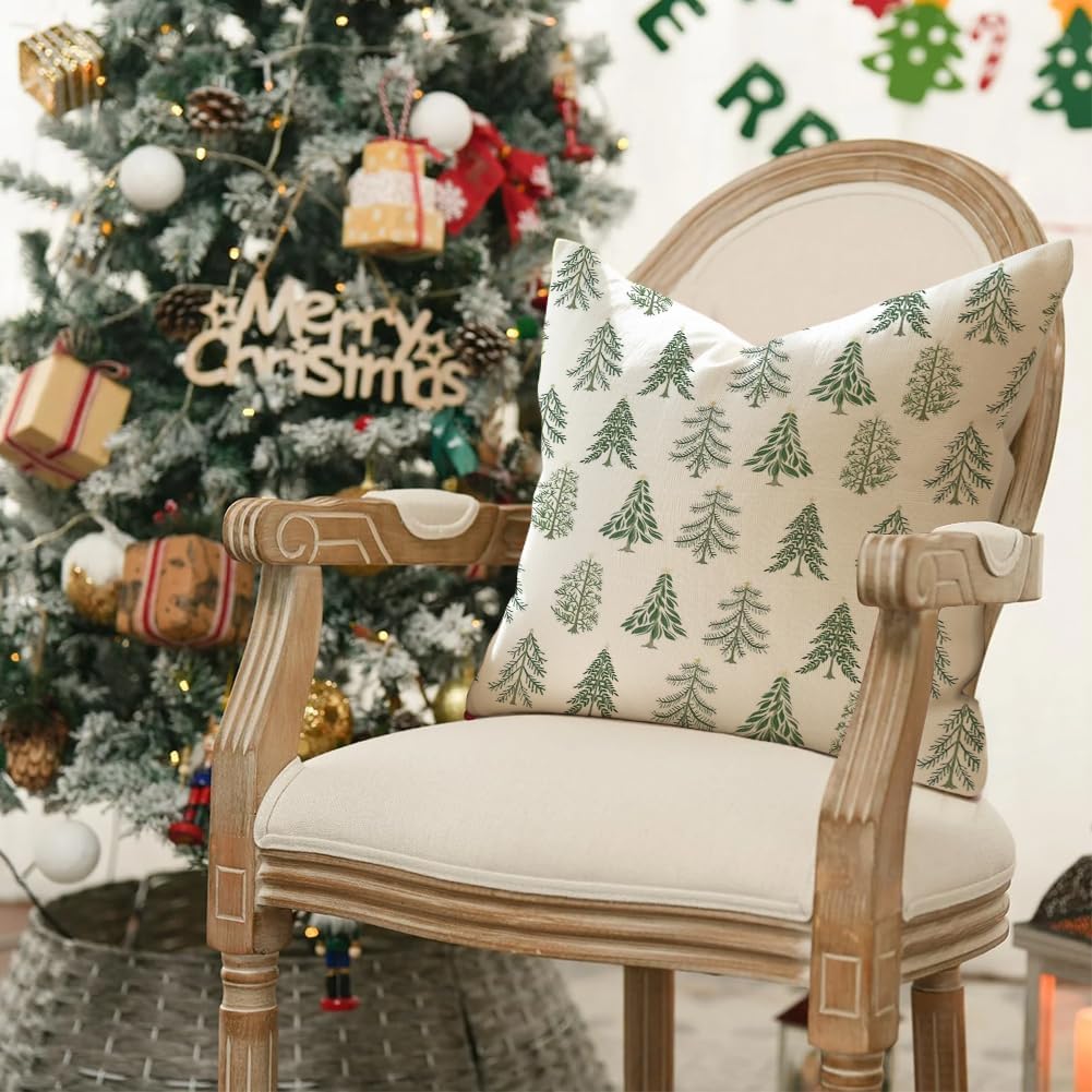 RABUSOFA Christmas Pillow Covers 18x18 Inch Set of 2 Christmas Tree Decorations White Decorative Throw Pillows Winter Holiday Christmas Decor Farmhouse for Home Couch
