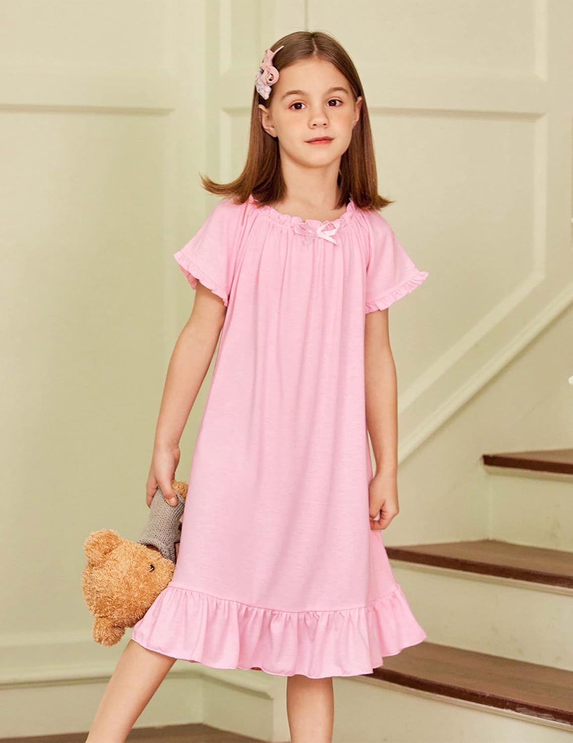 Arshiner Girls Nightgowns Sleepwear Short Sleeve Victorian Pajama Dress Soft Princess Sleepshirt for 3-12 Years Kids - Image 8