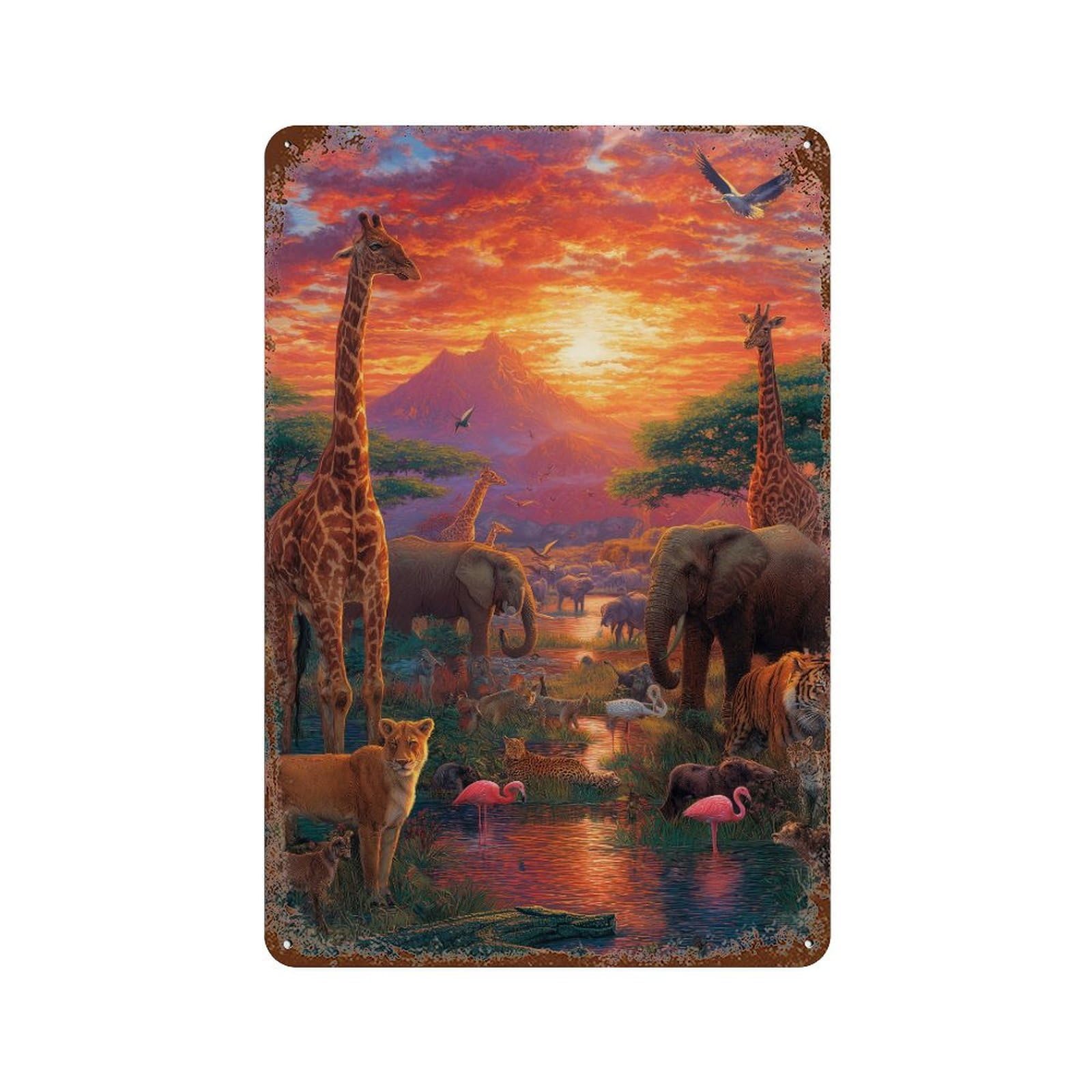 Safari Sunset Majesty Rust Effect Tin Sign 11.8"x7.9", Rustic Home Decor for Cafe, Home Bar And Lounge Decor