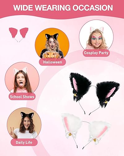 Miniatura 5 de Fox Cat Ears Anime Cosplay - Diadema de lobo de animales, diadema de Halloween, accesorios de disfraz con campanas, color blanco